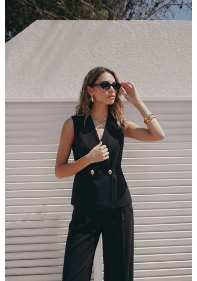Sateen Sofia Düğme Detaylı Yelek - Siyah-137605