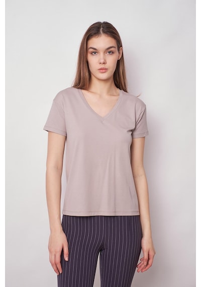 Jument Kadın V Yaka Kısa Kol Likralı Kumaş Şık T-shirt Bluz-gri Gri