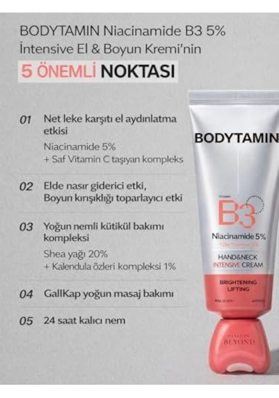 Bodytamin Niacinamide B3%5 Intensive El Ve Boyun Kremi Masaj Başlık Aydınlatıcı Sıkılaştırıcı 60 Ml