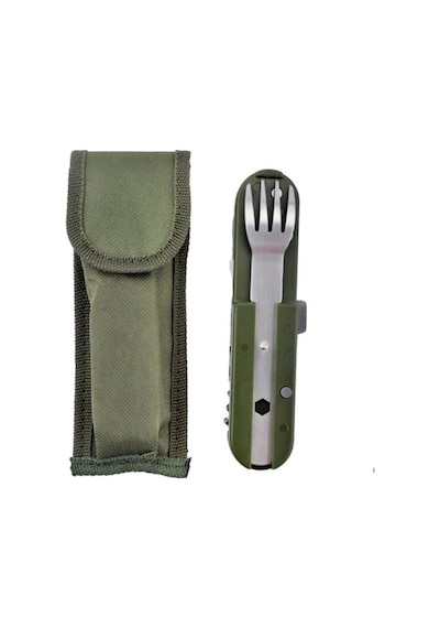 Knivox Çok Fonksiyonlu Paslanmaz Çelik Kamp Çakısı - Çatal Kaşık Açacaklı Outdoor Set Haki