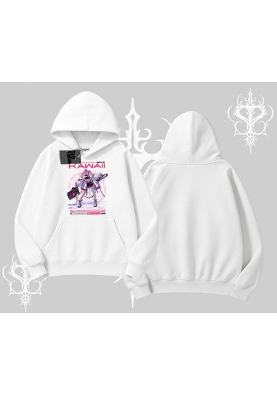 Kapşonlu Sweatshirt Kawaii Cyberpunk Kız Japon Stil Baskı Beyaz