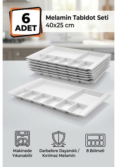 6 Adet Melamin 8 Gözlü Tabldot 40x25 Cm Bölmeli Servis Tabağı Tabak Makinede Yıkanabilir Beyaz