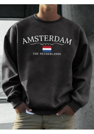 Startmore Tarzsokak Amsterdam Hollanda Baskılar Erkekler Polar Hip Hop Spor Uzun Kollu Bisiklet Yaka Gevşek Kazak Antrasit