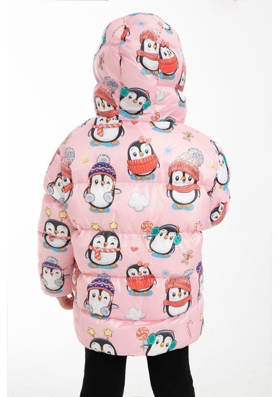 Kız Çocuk Polarlı Kapüşonlu Penguen Şeker Desenli Kışlık Şişme Mont & Kaban & Parka-40 Pembe