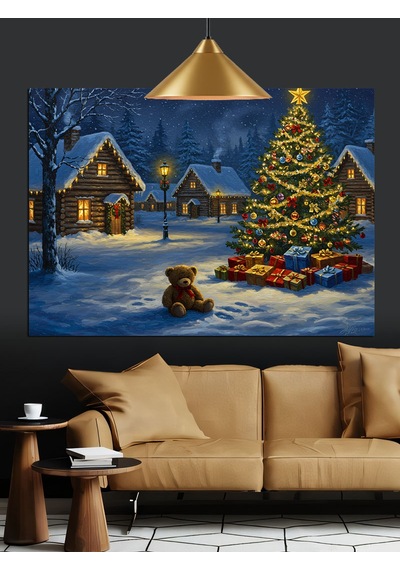 Karlı Kış Evi Ağaç Noel Dekoratif Kanvas - Mdf Ahşap Tablo