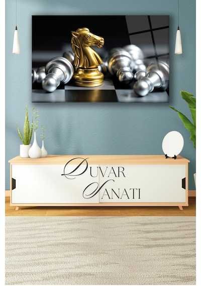 Satranç At'ın Savaşı Yatay Cam Tablo, Modern Ev Salon Ofis Dekorasyonu Hediyelik Büyük Duvar Dekoru