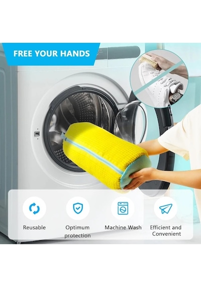 Lumaworld Yellow Çamaşır Makinesi Ayakkabı Yıkama Torbası Polyester Dikişli Fermuarlı Koruma Sarı