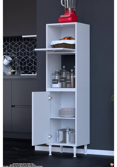 Rona 40 Cm Tek Kapaklı Mutfak Kiler Dolabı Raflı Çok Amaçlı Dolap Banyo Dolabı 40x150x32 Cm Beyaz