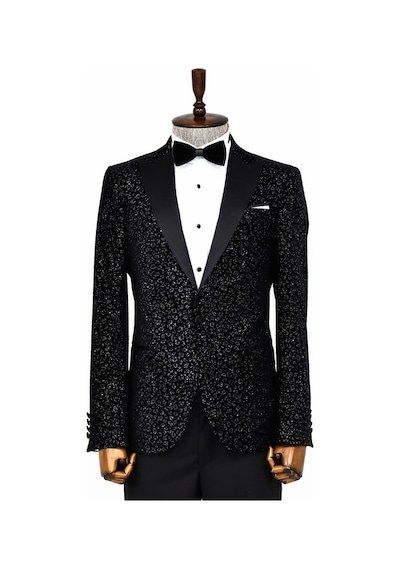Wessi Leopar Desenli Slim Fit Siyah Erkek Smokin Ceket Siyah
