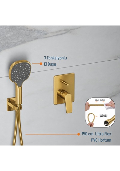Adell Bloc 2 Çıkışlı Ankastre Duş Seti Tepe Ve El Duşlu Fırçalanmış Mat Altın 159407218