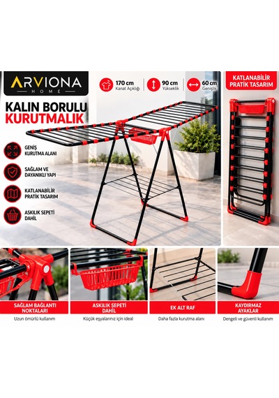 Arvıona Home 170 Cm Kalın Borulu Katlanabilir Metal Çamaşır Kurutmalığı 8 Borulu Kırmızı