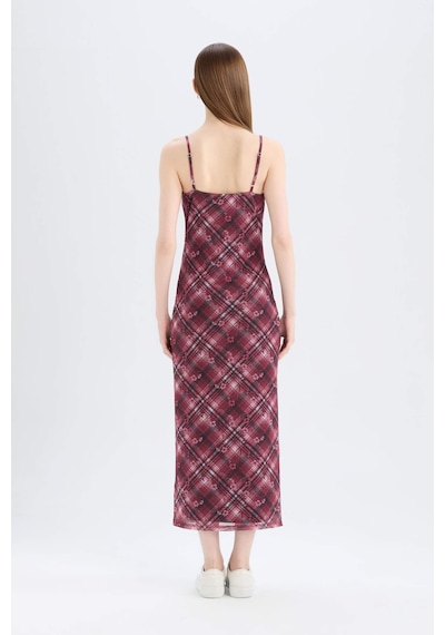 DeFacto Bodycon Vücudu Saran Kareli Tül Askılı Maxi Elbise D5034AX25SPBR248