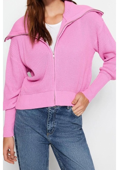 Ersefa Kadın Modern Tarz Oversize Devrik Yaka Regular Triko Hırka Pembe