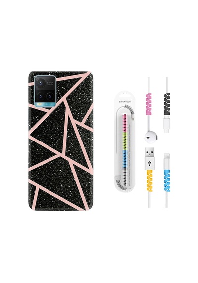 Vivo Y21 Kılıf Kablo Koruyuculu Pembe Şeritli Mermer 1312