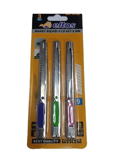 Eltos 3'lü Metal Maket Bıçağı Seti - 9mm İnce Dar Tip, Paslanmaz Çelik Gövde, Hassas Kesim İçin Kilitli Mekani