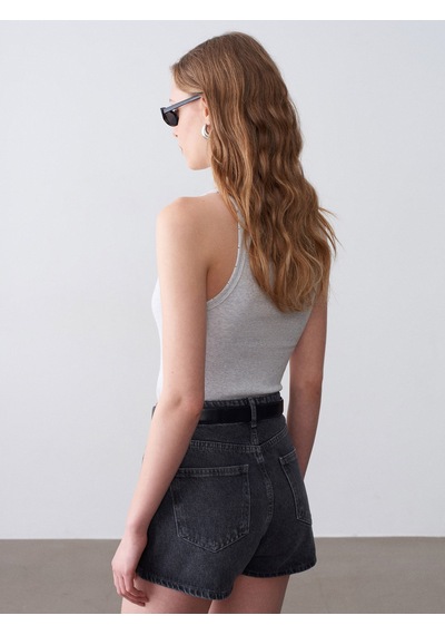 Dilvin 32892 Halter Yaka Top-gri Melanj
