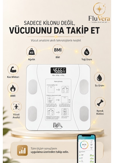 Pilli Bluetooth Akıllı Baskül Vücut Yağ Su Kas Vücut Kitle Endeksi Analizli Dijital Tartı 180 Kg 50 Gr Hassasiyet Bmı Yağ Su Kas Ölçer