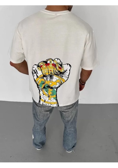 Modi Unisex Bisiklet Yaka Baskılı Oversize T-shirt - Beyaz - Mymg104358