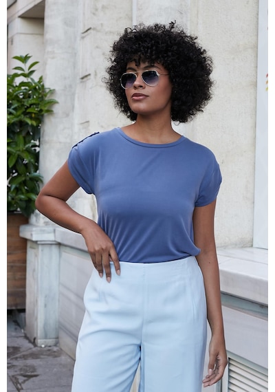 Jument Kadın Modal Penye Geniş Sıfır Yaka Düşük Omuzlu Apoletli Kısa Kol T-shirt Bluz-indigo İndigo