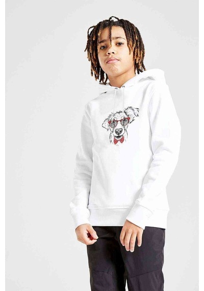 Tshirthane Papyonlu Köpek Baskılı Unisex Çocuk Kapüşonlu Beyaz Sweatshirt (528924809)