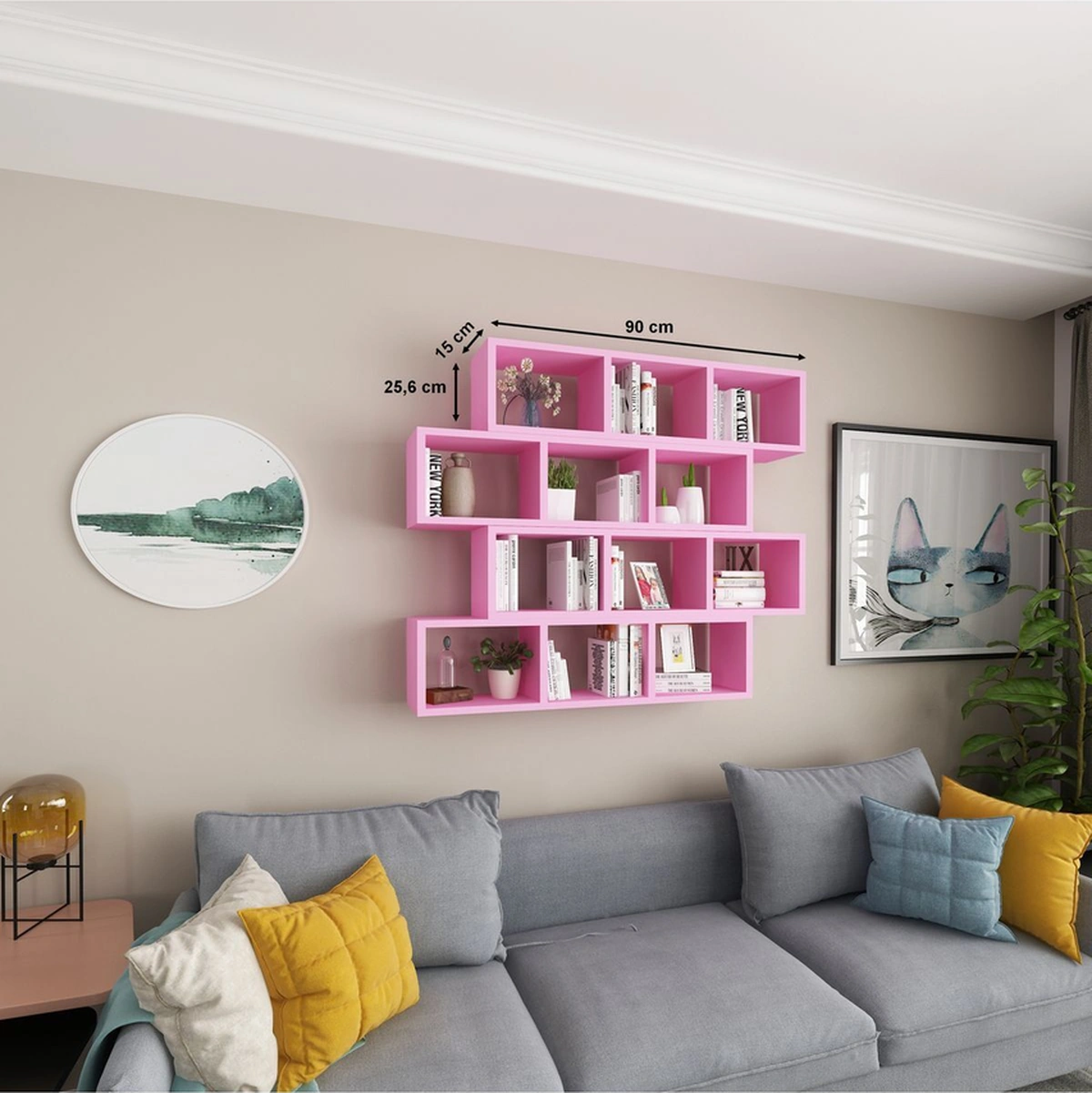 Kitaplık Modern Duvar Rafı Salon Yatay 4 Lü Takım Pembe Pembe