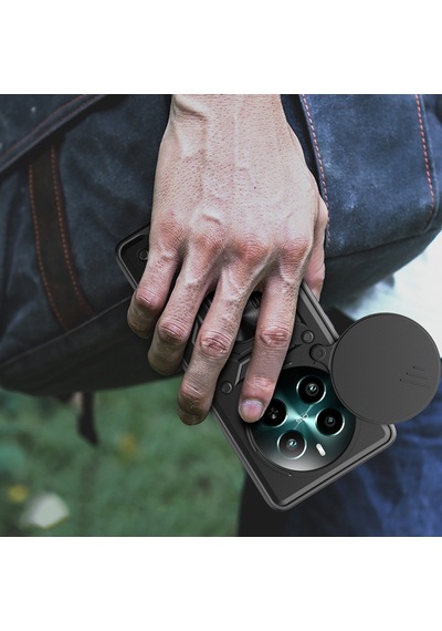 Realme 12 Plus Kılıf Sürgülü Kamera Koruyucu Manyetik Standlı Tank Koruma Pazarplus Siyah