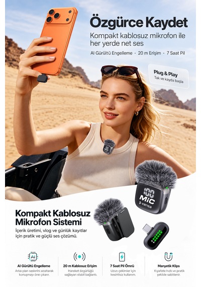 Kensa 2 Li Kablosuz Yaka Mikrofonu Type-c İphone Android Uyumlu
