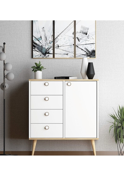 Floradesign Time Şifonyer / Çok Amaçlı Dolap/ Çekmeceli Şifonyer / Kapaklı Şifonyer / 4 Çekmeceli Şifonyer Meşe/beyaz
