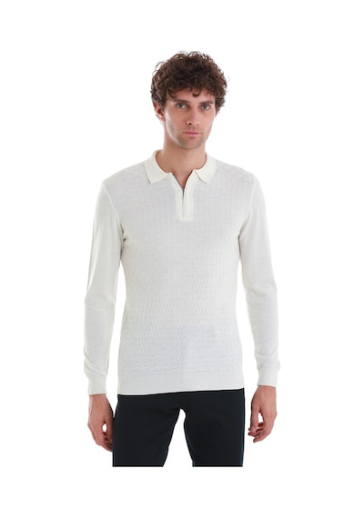 Hatemoğlu Ekru Regular Fit Jakarlı Polo Yaka Yünlü Triko Kazak 34202023a003 048 Ekru