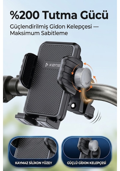 Titreşim Emici Kilit 360 Ayarlanabilir Sistemli Motosiklet Ve Bisiklet Telefon Tutucu Siyah