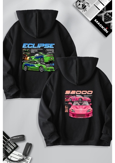 Macklin Sevgili Çift Kombin Hızlı Ve Öfkeli Eclipse Ve S2000 Sırt Baskılı Kapüşonlu Sweatshirt 2li Set Takım Siyah Mck1239 Siyah