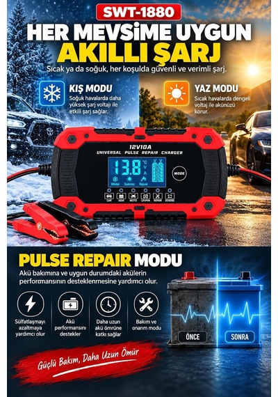 Tr Akıllı Dijital Akü Şarj Cihazı 12v 10a, 2ah-200ah Akü Uyumlu, Lcd Ekranlı, Pulse Repair, Kış Yaz Modu, Agm L