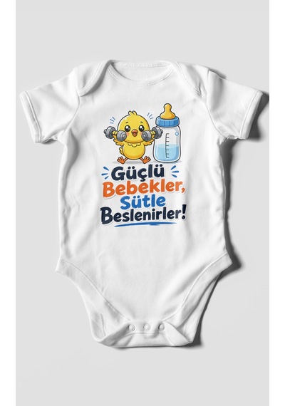 Morivokids Güçlü Bebekler Sütle Beslenir Kısa Kollu Bebek Body %100 Pamuk Beyaz