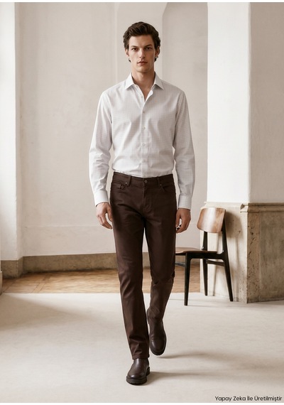 Ramsey Kahverengi Dokuma Slim Fit Casual Pamuk Karışımlı Pantolon
