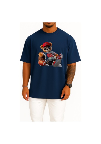 Bahriyeli Collection Oversize Havalı Teddy Ayıcık Göğüs Tasarımlı Unisex T-shirt Lacivert
