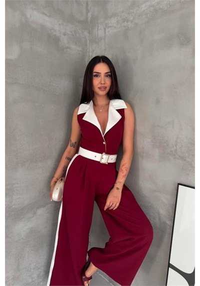 Neşeli Butik Kadın Bordo Çift Renkli Kemerli Şerit Detaylı Tam Boy Kolsuz Tulum Nbk087