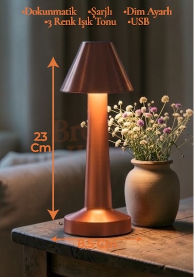 Dokunmatik Masa Ve Gece Lambası Dokunmatik Lamba Abajur Led Şarjlı Masa Lambası Ledli Rose Gold 23cm