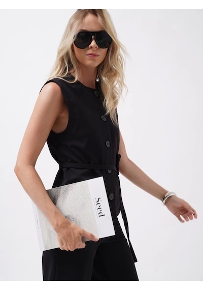 Defymoda Kuşaklı Dokuma Yelek Siyah