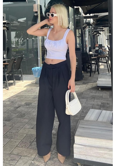 Madmext Lacivert Yüksek Bel Rahat Kesim Bol Paça Pantolon Mg2120-lacivert Lacivert