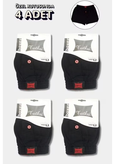 Trendybee Tutku 4 Lü Erkek Boxer Siyah Renk Pamuklu Rahat Önden Düğmeli Siyah Siyah