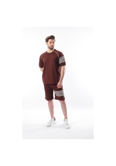 Madmext Acı Kahve Baskılı Reglan Kol Erkek Şort T-shirt Takımı E7306 Acı Kahverengi