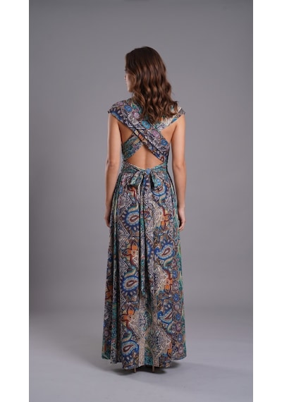 Alyn Wear Kadın Omuzlardan Açık Yakadan Çapraz Geçme Detaylı Yırtmaçlı Desenli Uzun Süprem Elbise Altın