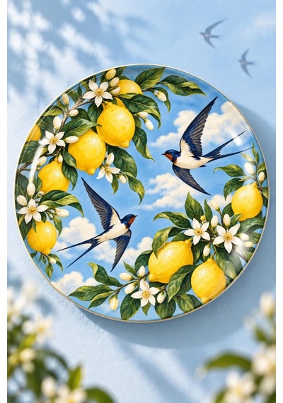 Dekoratif Duvar Tabağı Limonlu Akdeniz Desenleri Dekorlu Seramik Tabak Mavi
