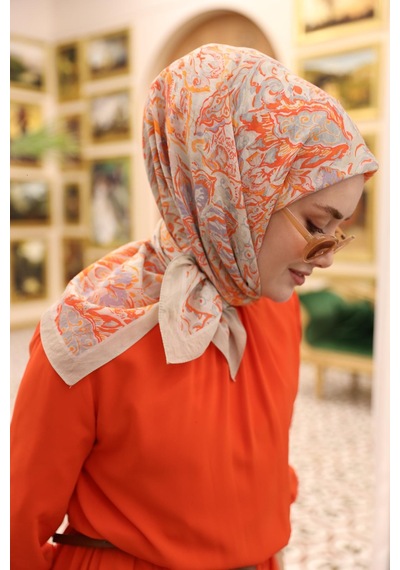 Silk Home Olinda İpek Eşarp 47002-35 Bej, Lila, Turuncu, Parlak Turuncu, Pudra
