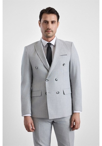 Süvari Gri Slim Kruvaze Yaka 6 Drop Takım Elbise Tk1006900395-s05