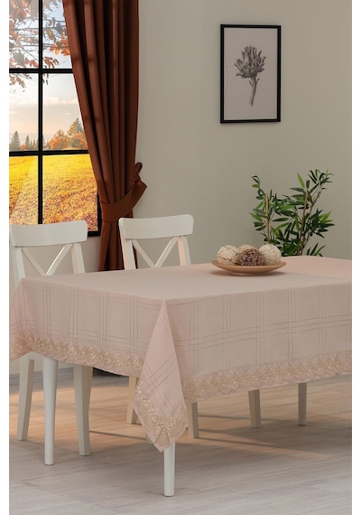 Tropik Home Dantelli Keten Efektli Leke Tutmaz Lüks Masa Örtüsü 160x220 Cm Bej Genel