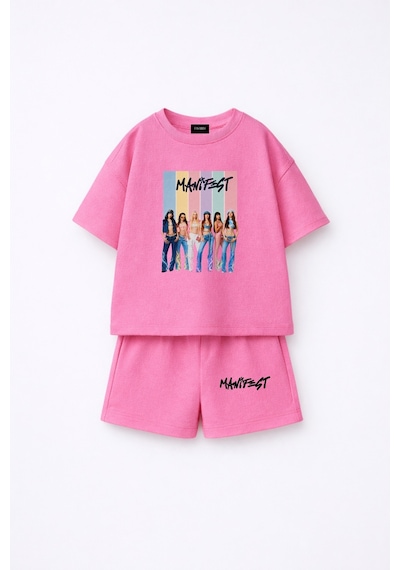 Fasardi Manifest Girls M6nifestgirls Baskılı Oversize %100 Pamuk Tişört Şort 2li Çocuk Takım Pembe