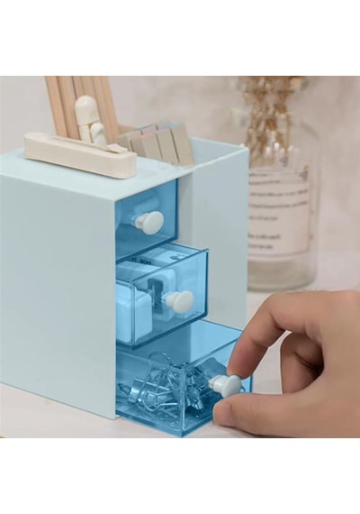Masaüstü Kalemlik Organizer 7 Bölmeli Kawaii Kapaklı Mini Çekmeceli Kalemlik - Mor Mor
