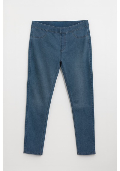 Kadın Yüksek Bel Beli Lastikli Mavi Tayt Jean Pantolon Mavi
