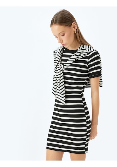 Koton Bisiklet Yaka Kısa Kollu Fitilli Mini Bodycon Elbise Siyah Çizgili 5sal80042ık Siyah
